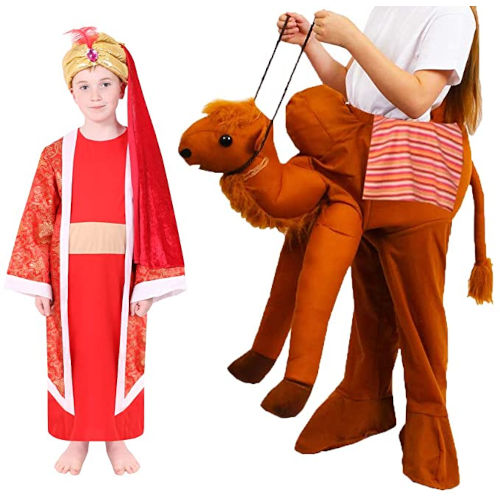 Disfraz de Rey Mago de color rojo con camello para niños